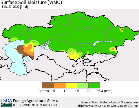 Kazakhstan Surface Soil Moisture (WMO) Thematic Map For 2/14/2022 - 2/20/2022