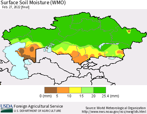 Kazakhstan Surface Soil Moisture (WMO) Thematic Map For 2/21/2022 - 2/27/2022