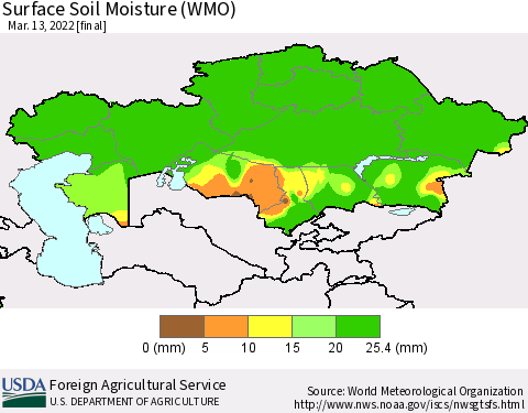Kazakhstan Surface Soil Moisture (WMO) Thematic Map For 3/7/2022 - 3/13/2022