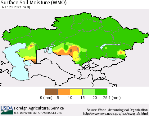 Kazakhstan Surface Soil Moisture (WMO) Thematic Map For 3/14/2022 - 3/20/2022
