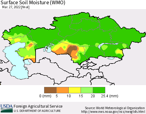 Kazakhstan Surface Soil Moisture (WMO) Thematic Map For 3/21/2022 - 3/27/2022