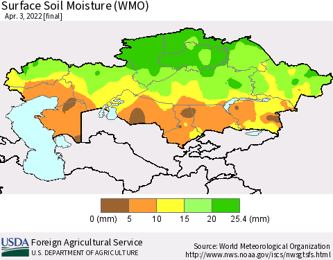 Kazakhstan Surface Soil Moisture (WMO) Thematic Map For 3/28/2022 - 4/3/2022