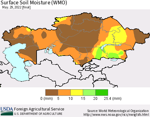Kazakhstan Surface Soil Moisture (WMO) Thematic Map For 5/23/2022 - 5/29/2022