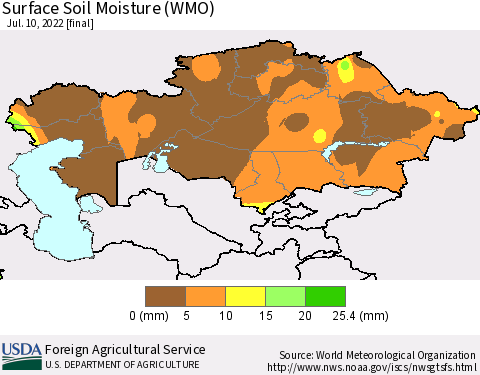 Kazakhstan Surface Soil Moisture (WMO) Thematic Map For 7/4/2022 - 7/10/2022