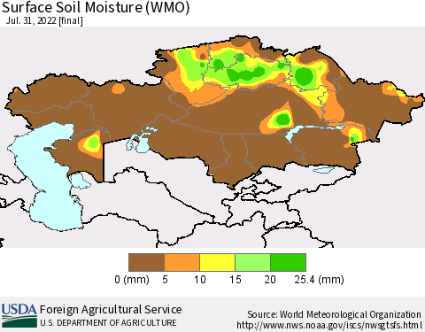 Kazakhstan Surface Soil Moisture (WMO) Thematic Map For 7/25/2022 - 7/31/2022