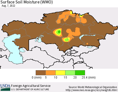 Kazakhstan Surface Soil Moisture (WMO) Thematic Map For 8/1/2022 - 8/7/2022