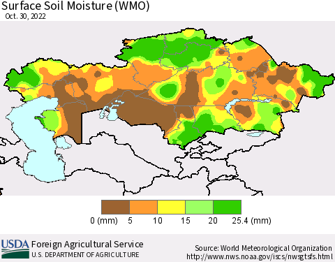 Kazakhstan Surface Soil Moisture (WMO) Thematic Map For 10/24/2022 - 10/30/2022
