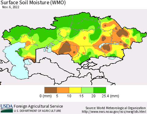 Kazakhstan Surface Soil Moisture (WMO) Thematic Map For 10/31/2022 - 11/6/2022