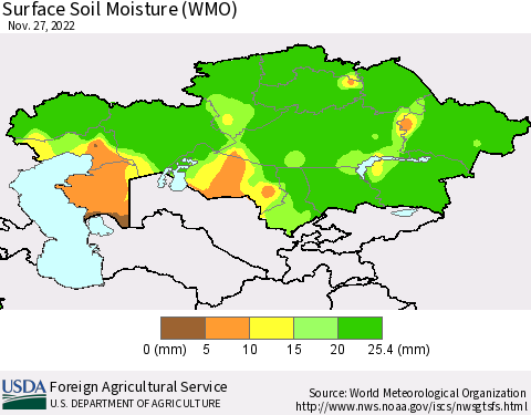 Kazakhstan Surface Soil Moisture (WMO) Thematic Map For 11/21/2022 - 11/27/2022