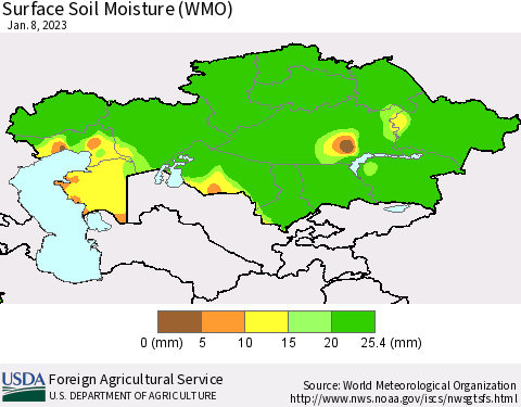 Kazakhstan Surface Soil Moisture (WMO) Thematic Map For 1/2/2023 - 1/8/2023