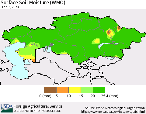 Kazakhstan Surface Soil Moisture (WMO) Thematic Map For 1/30/2023 - 2/5/2023