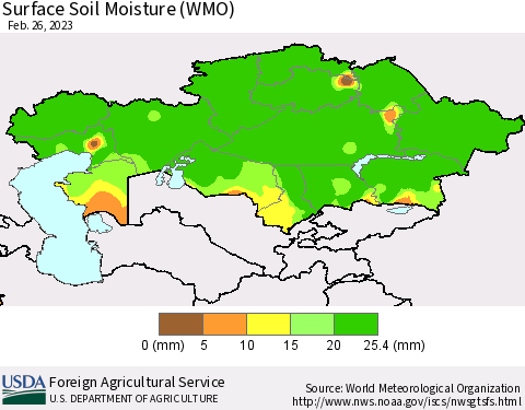 Kazakhstan Surface Soil Moisture (WMO) Thematic Map For 2/20/2023 - 2/26/2023