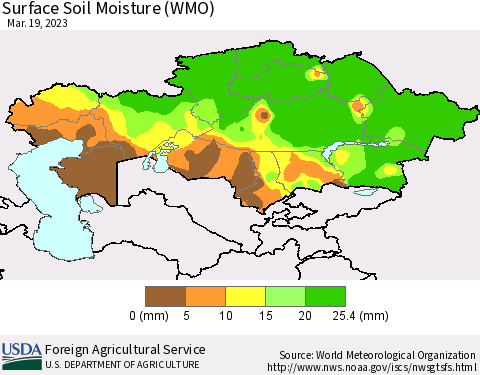 Kazakhstan Surface Soil Moisture (WMO) Thematic Map For 3/13/2023 - 3/19/2023