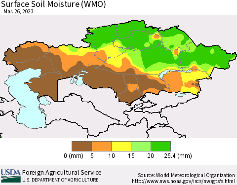 Kazakhstan Surface Soil Moisture (WMO) Thematic Map For 3/20/2023 - 3/26/2023