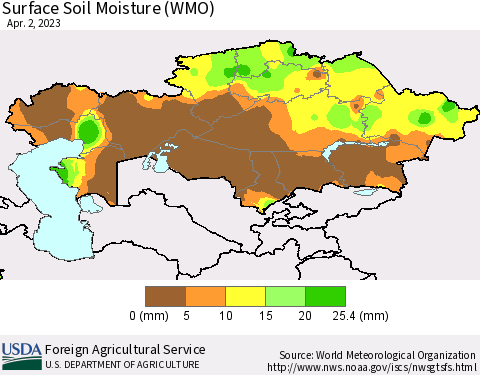 Kazakhstan Surface Soil Moisture (WMO) Thematic Map For 3/27/2023 - 4/2/2023