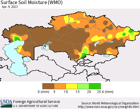 Kazakhstan Surface Soil Moisture (WMO) Thematic Map For 4/3/2023 - 4/9/2023