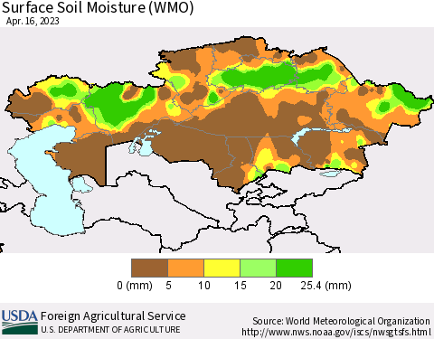 Kazakhstan Surface Soil Moisture (WMO) Thematic Map For 4/10/2023 - 4/16/2023