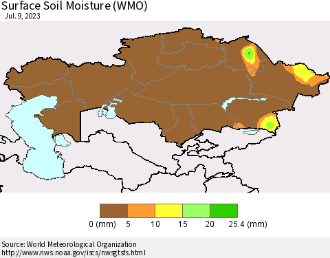 Kazakhstan Surface Soil Moisture (WMO) Thematic Map For 7/3/2023 - 7/9/2023