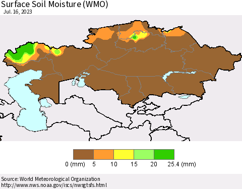 Kazakhstan Surface Soil Moisture (WMO) Thematic Map For 7/10/2023 - 7/16/2023