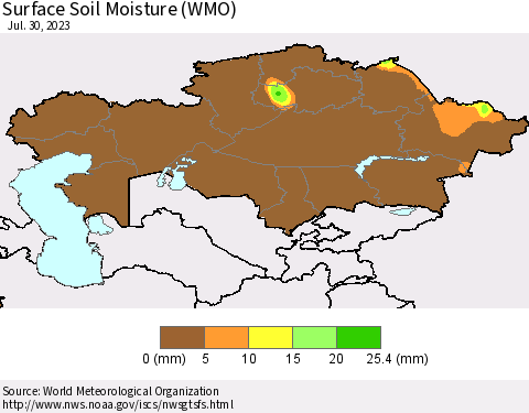 Kazakhstan Surface Soil Moisture (WMO) Thematic Map For 7/24/2023 - 7/30/2023