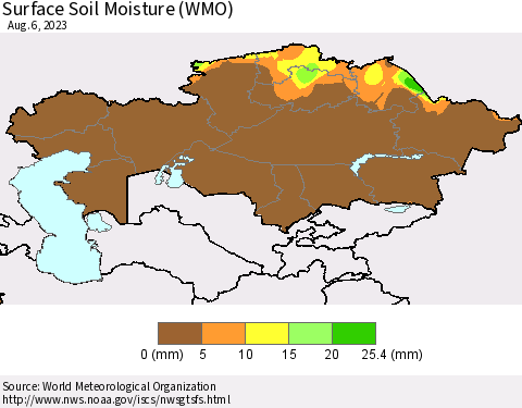 Kazakhstan Surface Soil Moisture (WMO) Thematic Map For 7/31/2023 - 8/6/2023