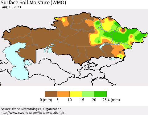 Kazakhstan Surface Soil Moisture (WMO) Thematic Map For 8/7/2023 - 8/13/2023