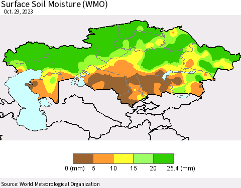 Kazakhstan Surface Soil Moisture (WMO) Thematic Map For 10/23/2023 - 10/29/2023