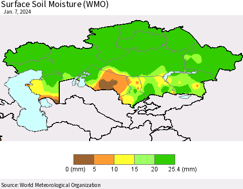 Kazakhstan Surface Soil Moisture (WMO) Thematic Map For 1/1/2024 - 1/7/2024