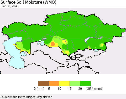 Kazakhstan Surface Soil Moisture (WMO) Thematic Map For 1/22/2024 - 1/28/2024