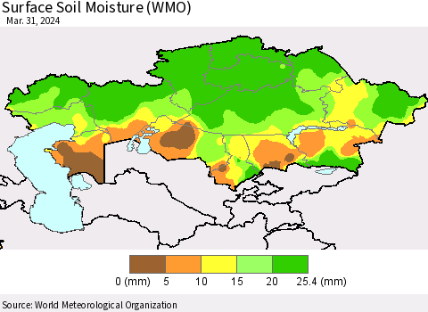 Kazakhstan Surface Soil Moisture (WMO) Thematic Map For 3/25/2024 - 3/31/2024
