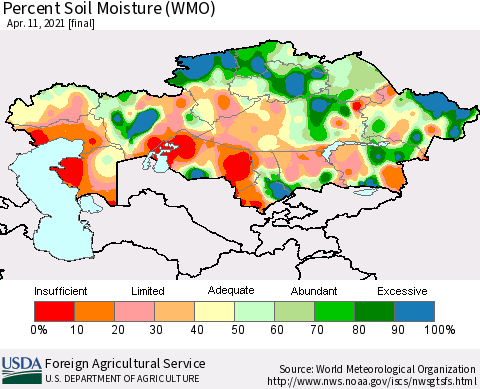 Kazakhstan Percent Soil Moisture (WMO) Thematic Map For 4/5/2021 - 4/11/2021
