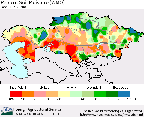 Kazakhstan Percent Soil Moisture (WMO) Thematic Map For 4/12/2021 - 4/18/2021