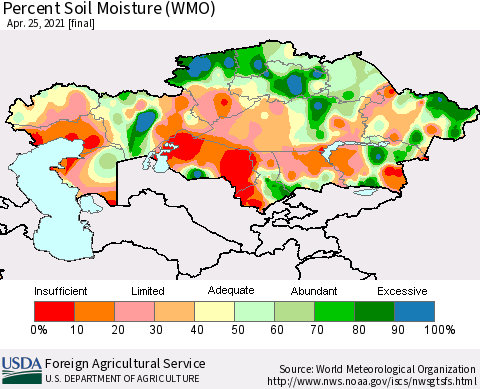 Kazakhstan Percent Soil Moisture (WMO) Thematic Map For 4/19/2021 - 4/25/2021