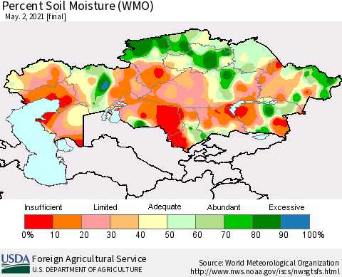 Kazakhstan Percent Soil Moisture (WMO) Thematic Map For 4/26/2021 - 5/2/2021
