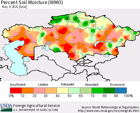 Kazakhstan Percent Soil Moisture (WMO) Thematic Map For 5/3/2021 - 5/9/2021