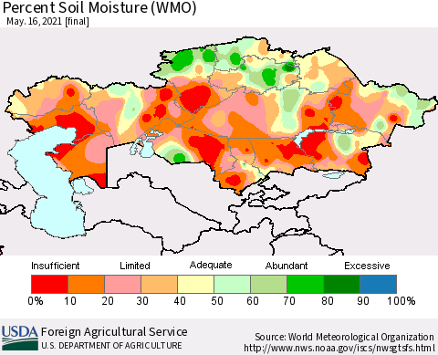 Kazakhstan Percent Soil Moisture (WMO) Thematic Map For 5/10/2021 - 5/16/2021