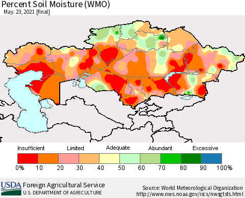Kazakhstan Percent Soil Moisture (WMO) Thematic Map For 5/17/2021 - 5/23/2021