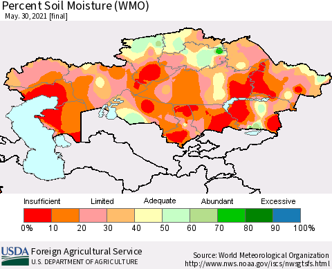 Kazakhstan Percent Soil Moisture (WMO) Thematic Map For 5/24/2021 - 5/30/2021