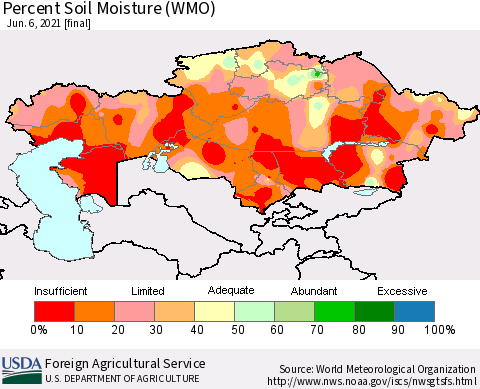Kazakhstan Percent Soil Moisture (WMO) Thematic Map For 5/31/2021 - 6/6/2021