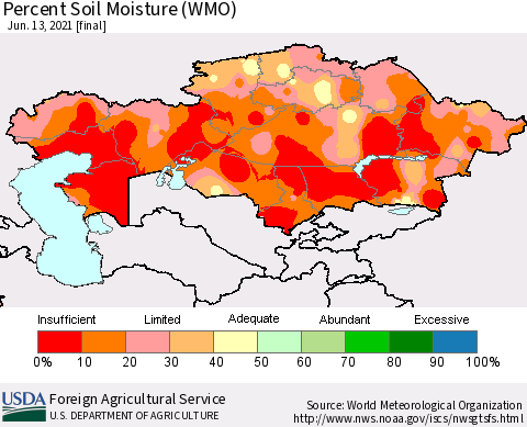 Kazakhstan Percent Soil Moisture (WMO) Thematic Map For 6/7/2021 - 6/13/2021