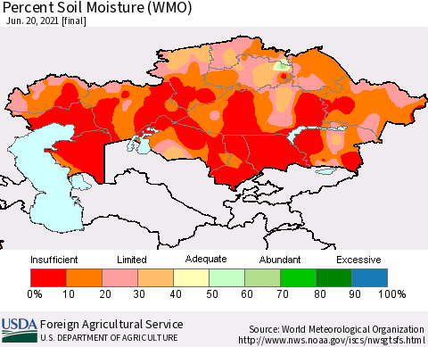 Kazakhstan Percent Soil Moisture (WMO) Thematic Map For 6/14/2021 - 6/20/2021