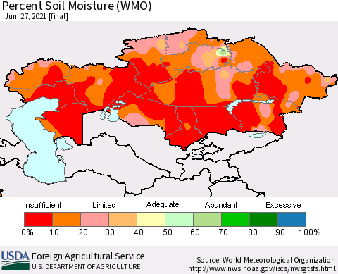 Kazakhstan Percent Soil Moisture (WMO) Thematic Map For 6/21/2021 - 6/27/2021