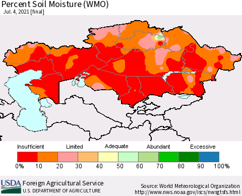 Kazakhstan Percent Soil Moisture (WMO) Thematic Map For 6/28/2021 - 7/4/2021
