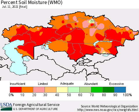 Kazakhstan Percent Soil Moisture (WMO) Thematic Map For 7/5/2021 - 7/11/2021