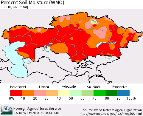 Kazakhstan Percent Soil Moisture (WMO) Thematic Map For 7/12/2021 - 7/18/2021