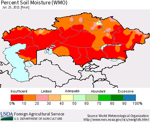 Kazakhstan Percent Soil Moisture (WMO) Thematic Map For 7/19/2021 - 7/25/2021