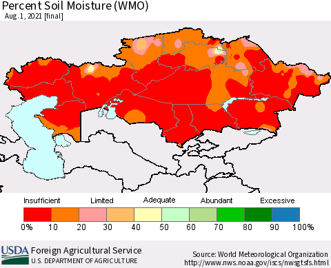 Kazakhstan Percent Soil Moisture (WMO) Thematic Map For 7/26/2021 - 8/1/2021