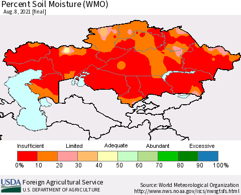 Kazakhstan Percent Soil Moisture (WMO) Thematic Map For 8/2/2021 - 8/8/2021