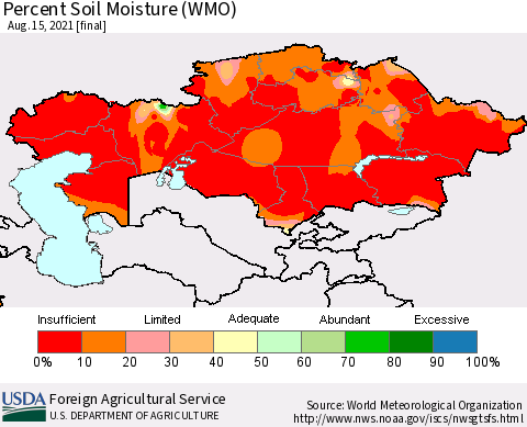 Kazakhstan Percent Soil Moisture (WMO) Thematic Map For 8/9/2021 - 8/15/2021