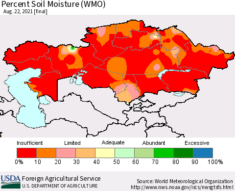 Kazakhstan Percent Soil Moisture (WMO) Thematic Map For 8/16/2021 - 8/22/2021